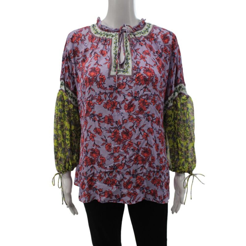 Alice + Olivia Womens Tunic Blouse Purple Floral Long Sleeve Mock Neck Size S